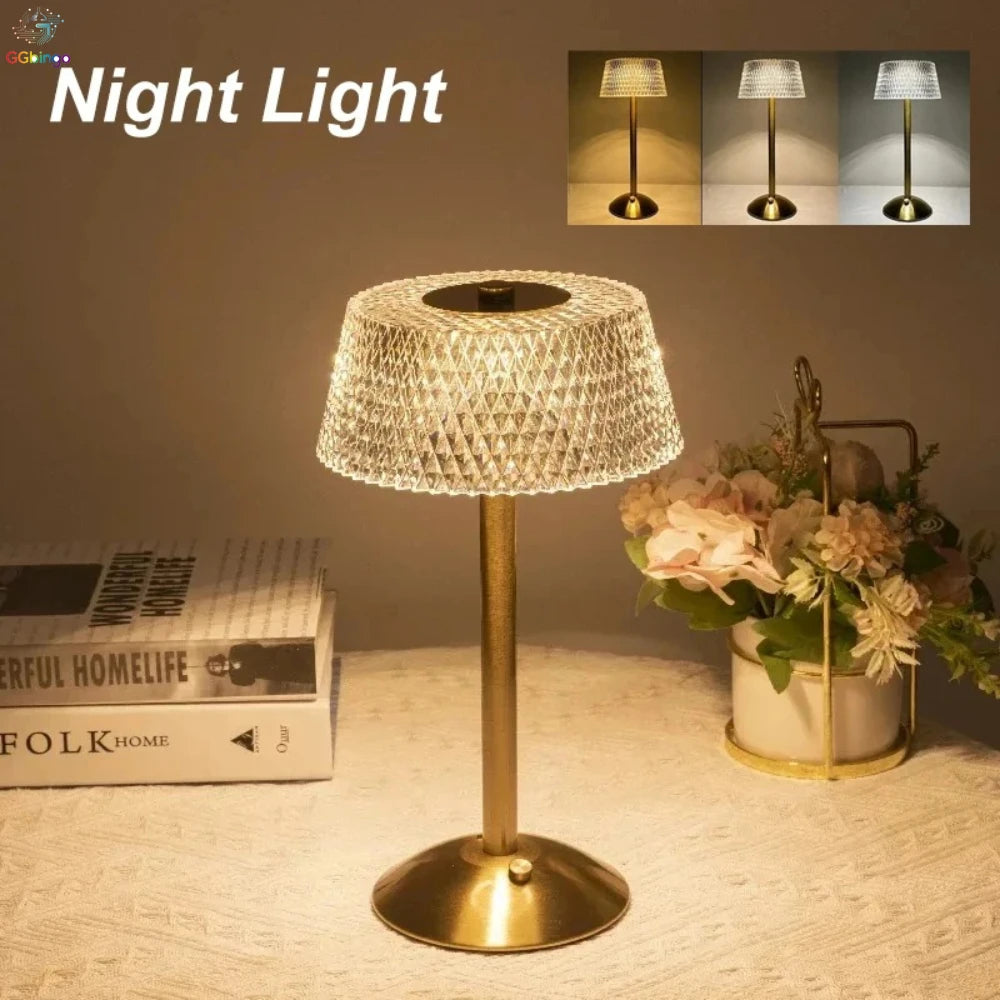 Rechargeable Crystal LED Table Lamp Touch Control Gold Night Light
