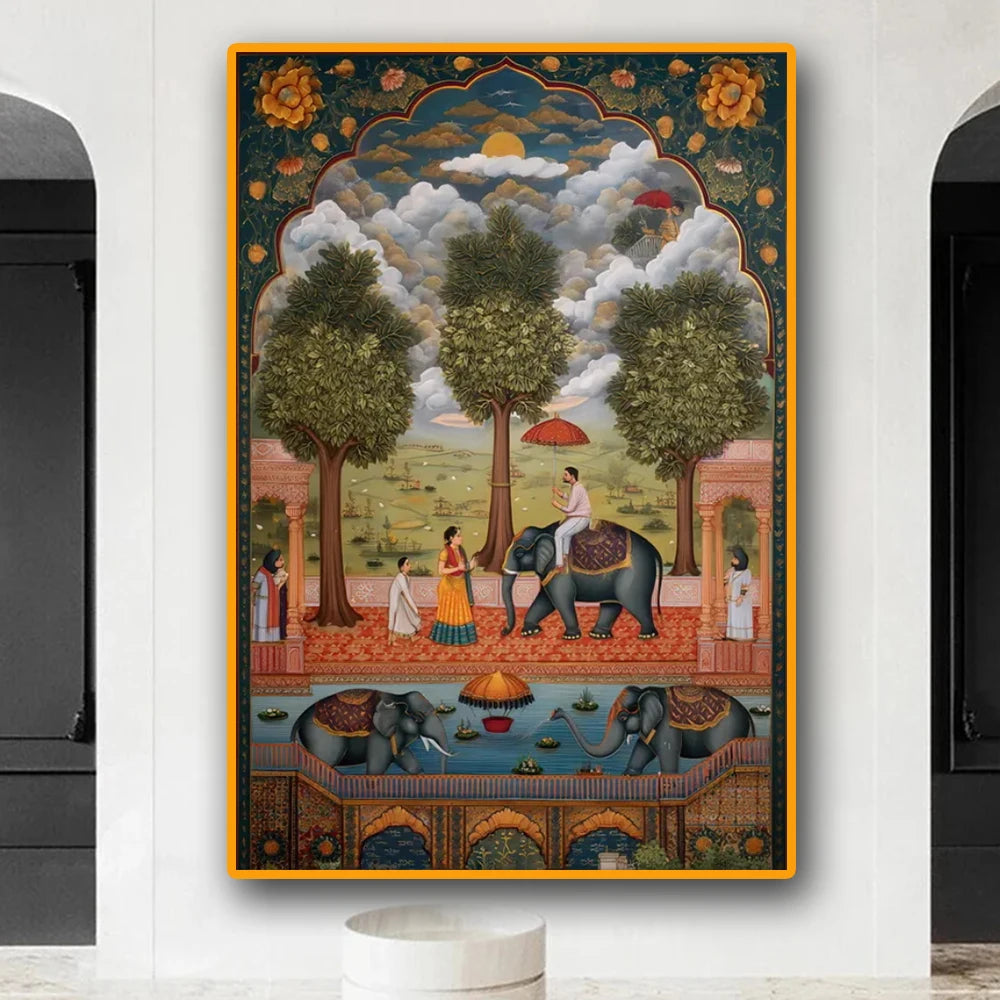Vintage Indian Mughal Elephant Scene Canvas Painting Poster for Home Decor