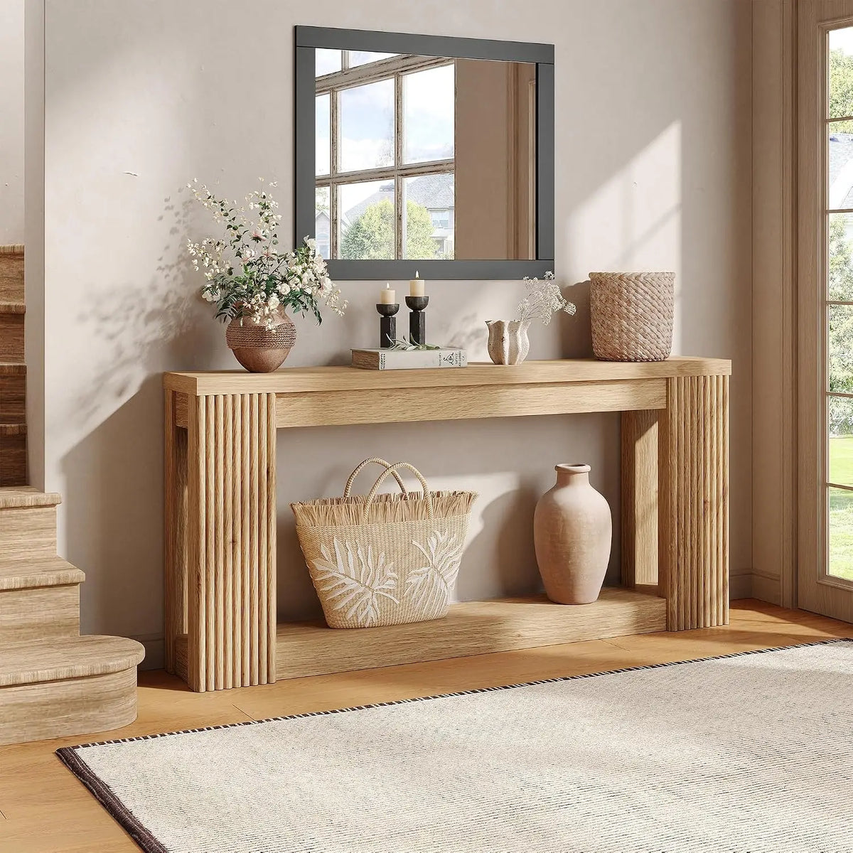 180 cm Fluted Wooden Console Table with Storage Rectangular Behind Couch Entryway Furniture