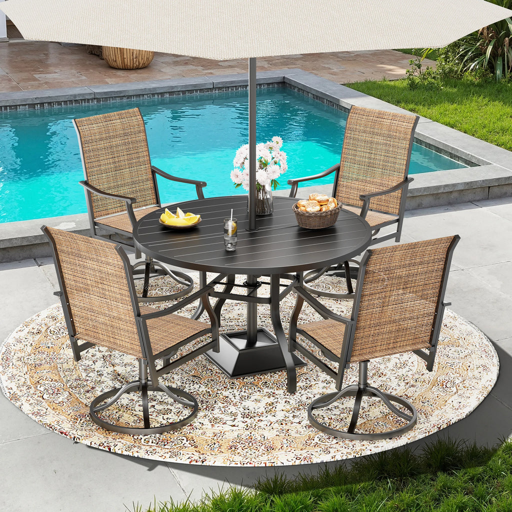 41 in Round Metal Patio Dining Table with Umbrella Hole Black