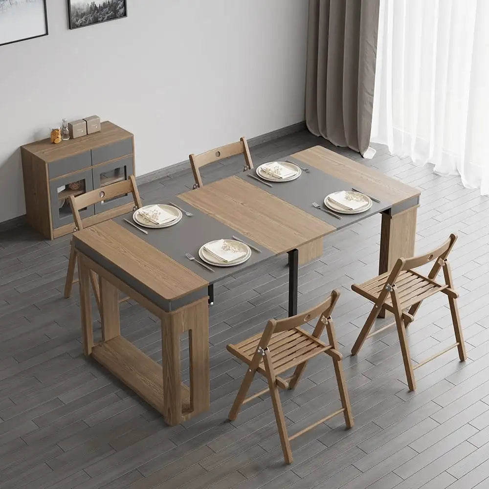 Modern Multifunctional Extendable Dining Table with Storage Cabinet Space Saving
