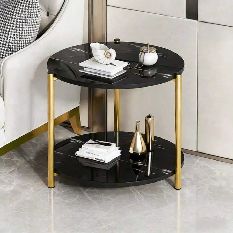 56cm Modern Round Coffee Table 2-Tier Side Table with Metal Frame
