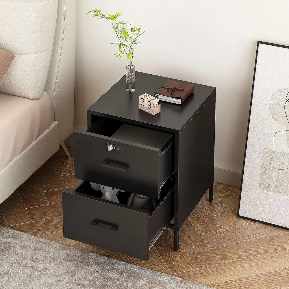 54cm Lockable Metal Nightstand with Storage Bedside Table End Table Black