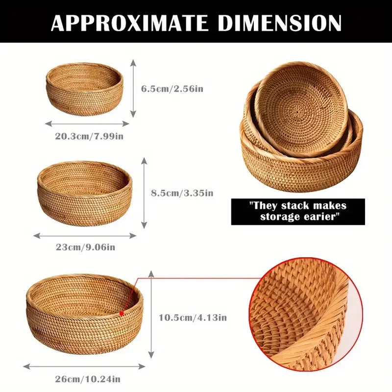 Round Hand-Woven Rattan Storage Basket Natural Wicker Desktop Organizer Box