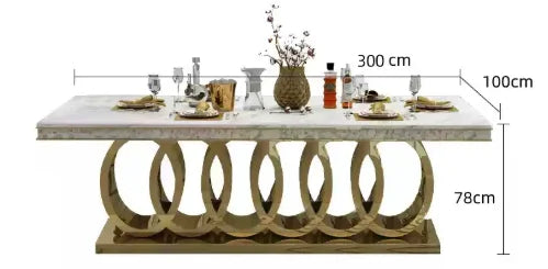 160cm Modern Dining Table Set with 6 Chairs Gold Metal Base Marble Top