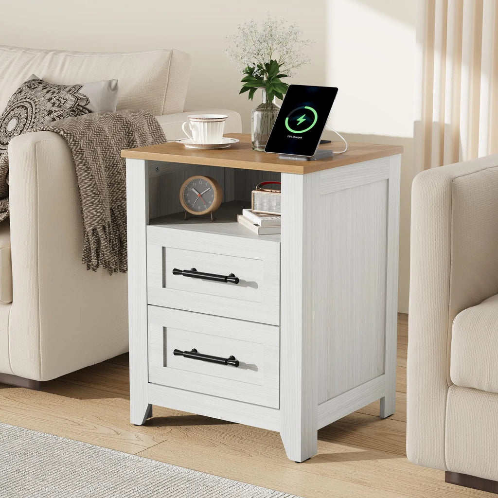 Farmhouse Nightstand with Charging Station 2 Drawers and Open Shelf Bedside Table