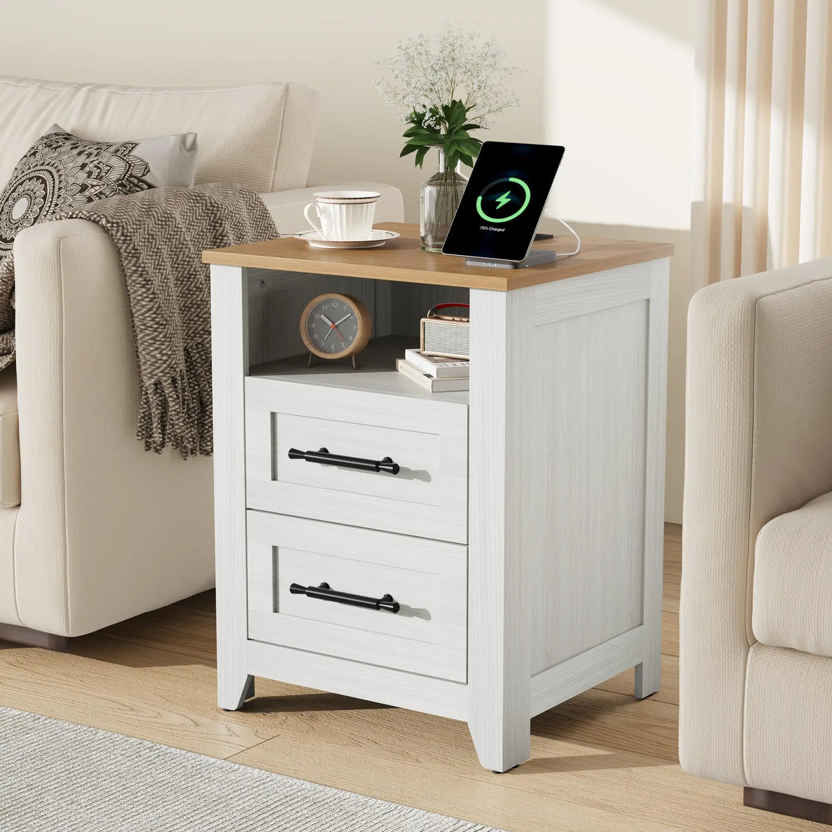 Farmhouse Nightstand with Charging Station 2 Drawers and Open Shelf Bedside Table