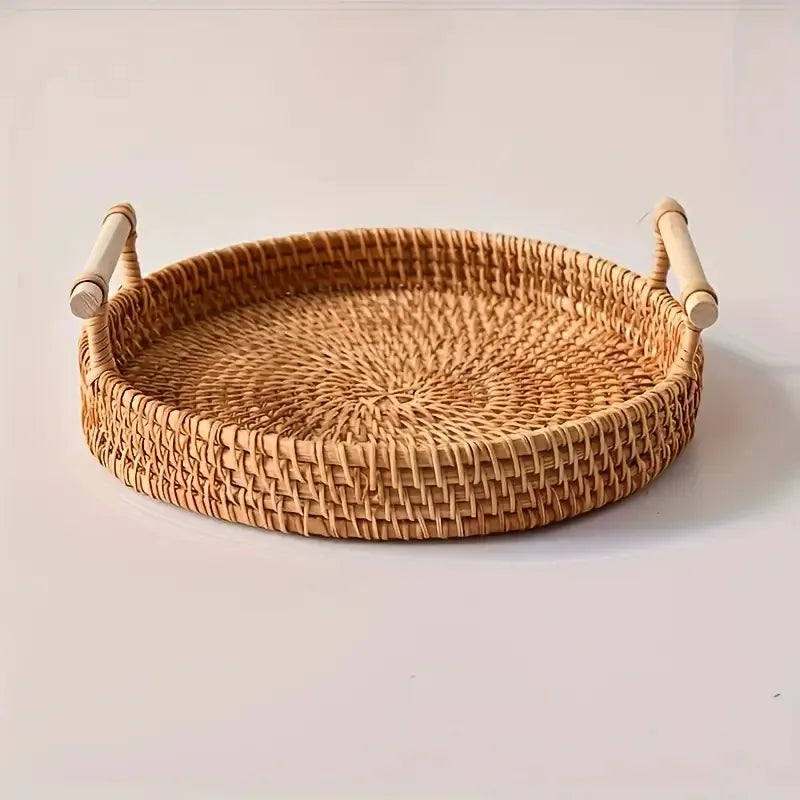Handmade Woven Rattan Serving Tray Heat-Resistant Tabletop Storage Basket