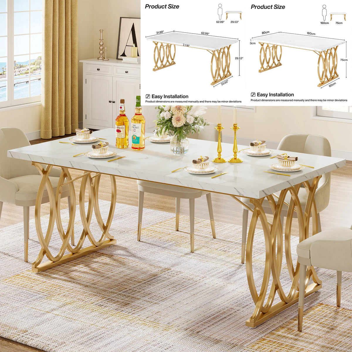 Modern Rectangular Dining Table with Faux Marble Top and Metal Base