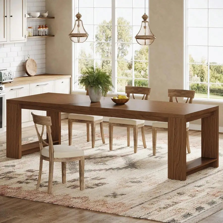 220cm Farmhouse Rectangular Dining Table with Wooden Pedestal Base