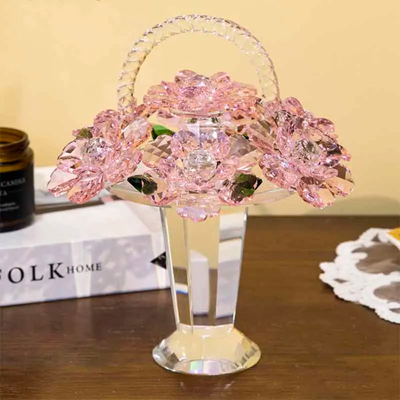 Modern Crystal Flower Basket Sculpture for Tabletop Decor