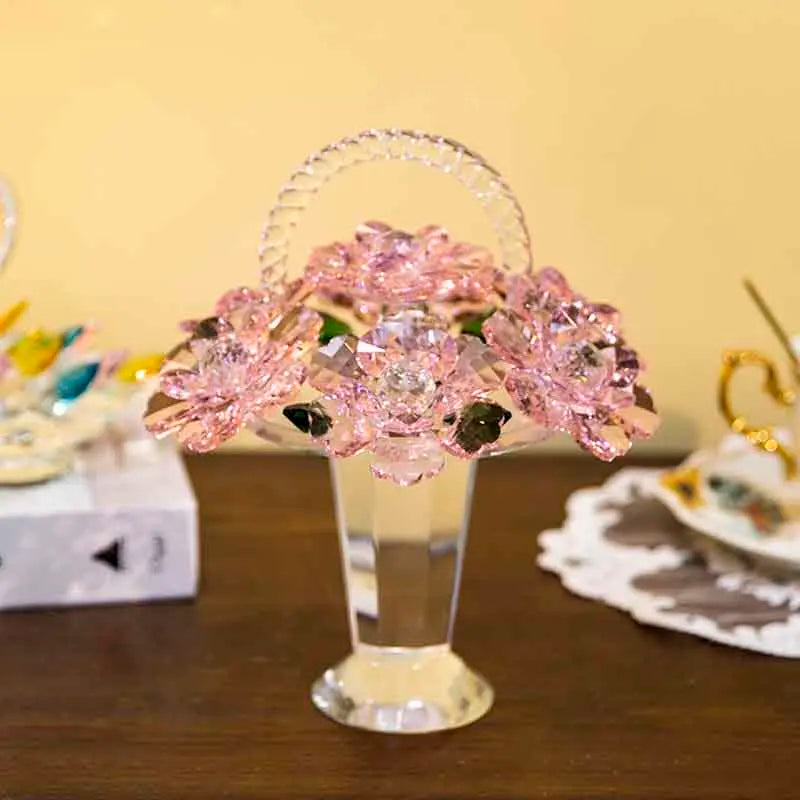 Modern Crystal Flower Basket Sculpture for Tabletop Decor