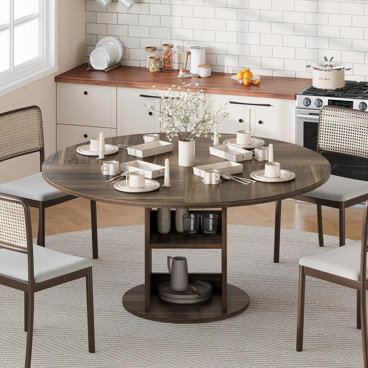 Farmhouse Round Dining Table with Pedestal Base and 2-Tier Storage