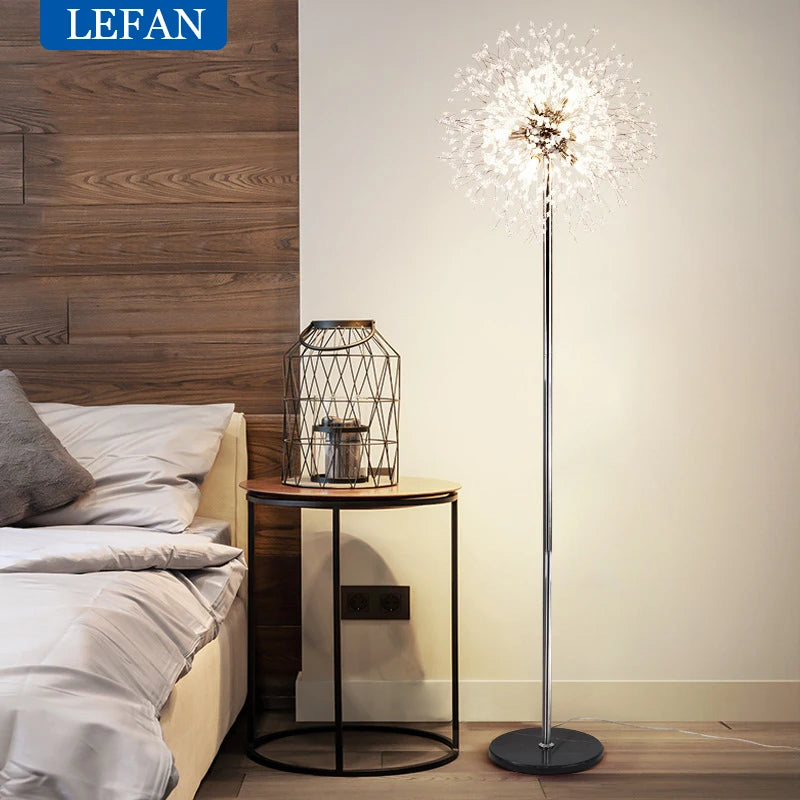 Modern Crystal LED Dandelion Floor Lamp Gold Chrome for Living Room Dining Room
