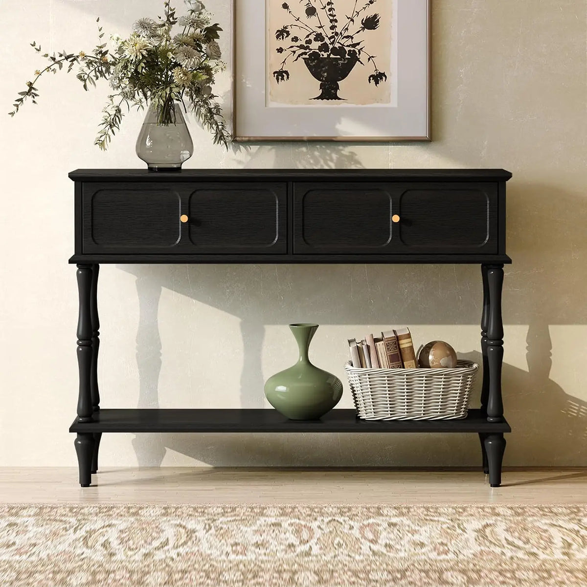 Narrow Mid-Century Wooden Console Table with Drawers and Storage