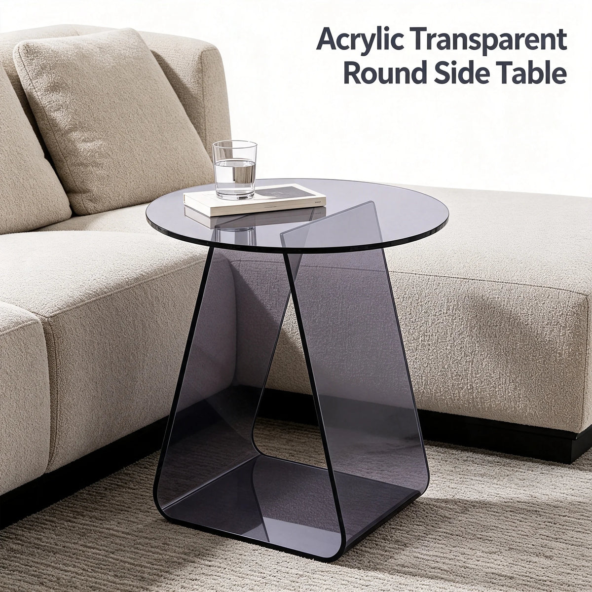 Black Acrylic Round Side Table with Triangular Support Frame for Living Room