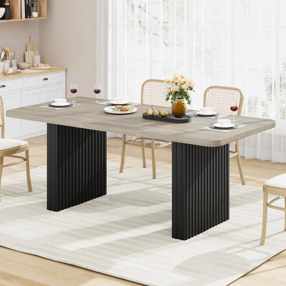 Modern Rectangular Dining Table with Wooden Top and Fluted Metal Legs