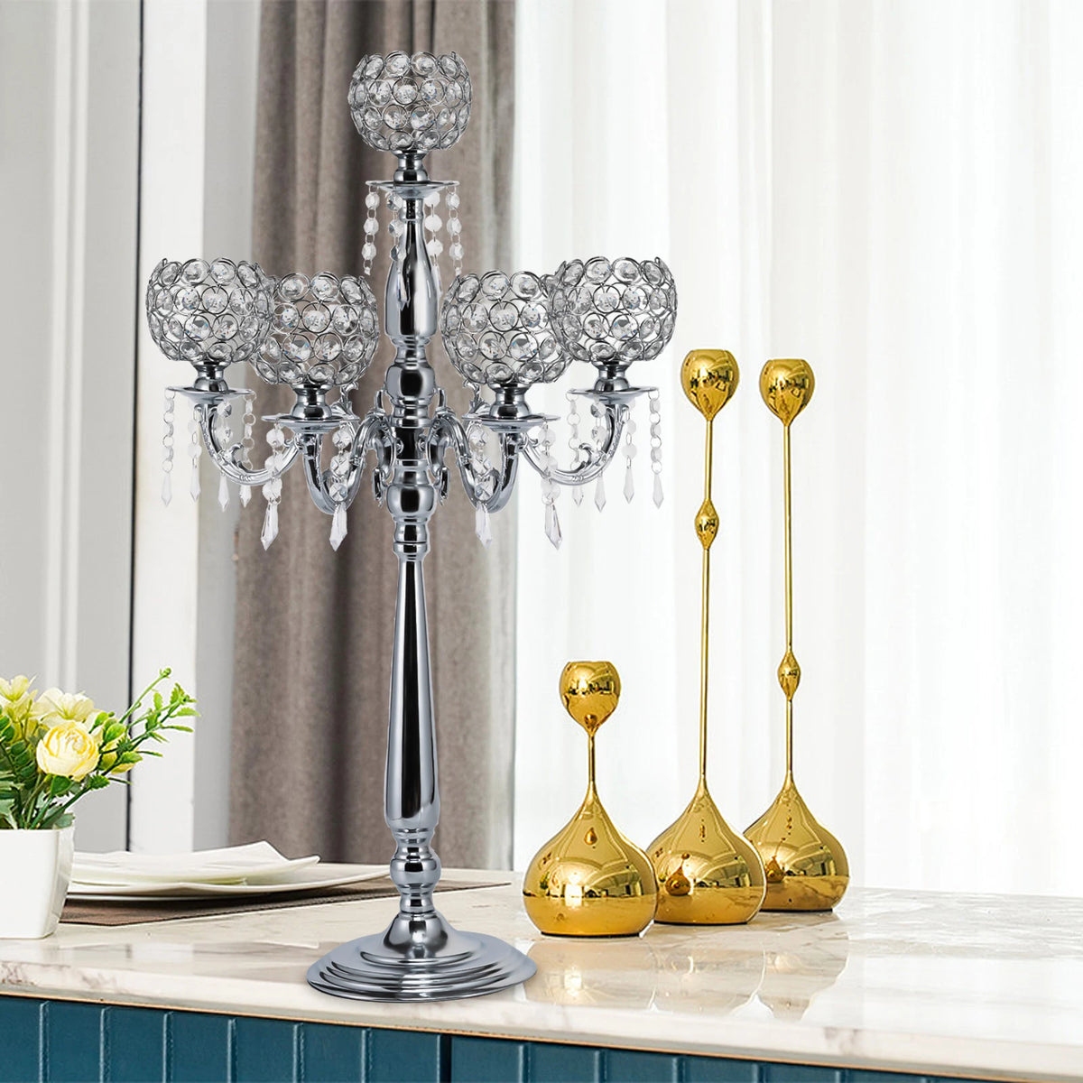 Modern 5 Arms Crystal Candlestick Holder Tabletop Ornament for Home Decor