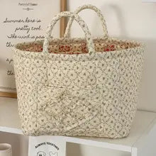 Vintage Floral Quilted Storage Basket With Handle for Home Decor