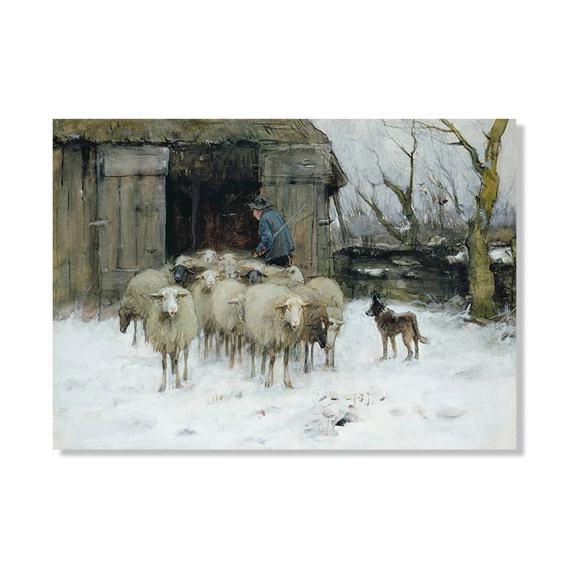 Vintage Sheep Landscape Canvas Painting Poster for Home Decor