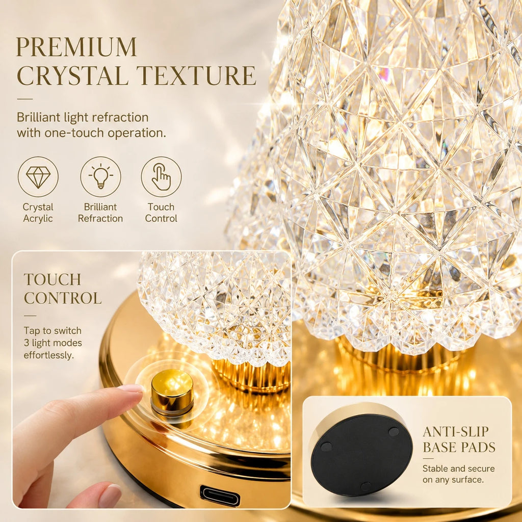 Touch Dimming Crystal LED Table Lamp Modern Bedside Desk Light