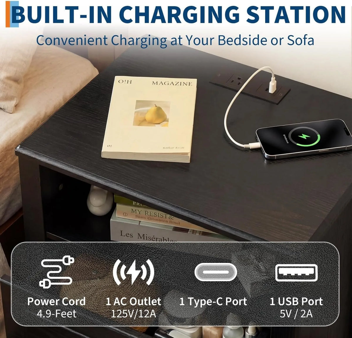 Modern Nightstand with Charging Station 2 Drawers and Open Shelf Bedside Table