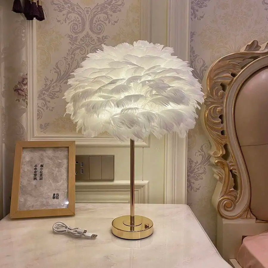 Modern Nordic Rechargeable Feather Table Lamp Blue for Bedroom Living Room