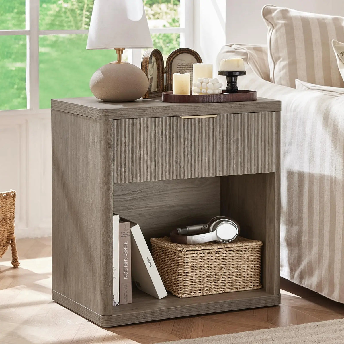 58cm Fluted Farmhouse Nightstand with Drawer Charging Station End Table