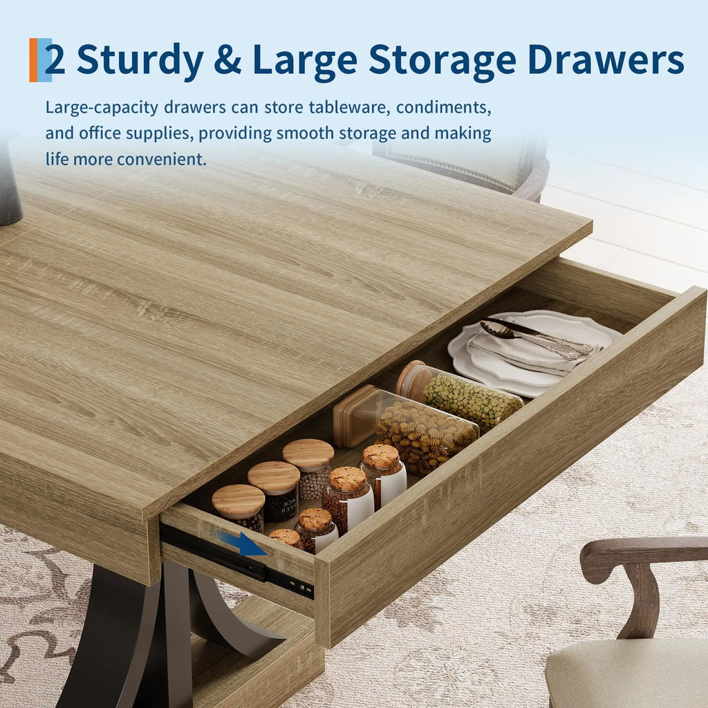 180.3cm Dining Table with 2 Drawers Industrial Rectangular Kitchen Table