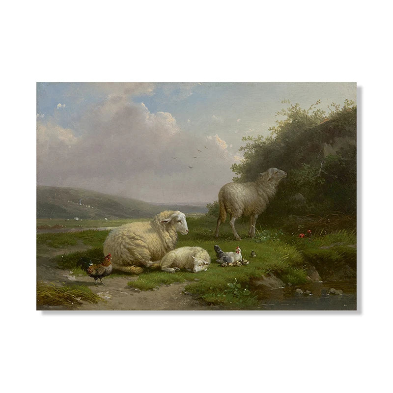 Vintage Sheep Landscape Canvas Painting Poster for Home Decor