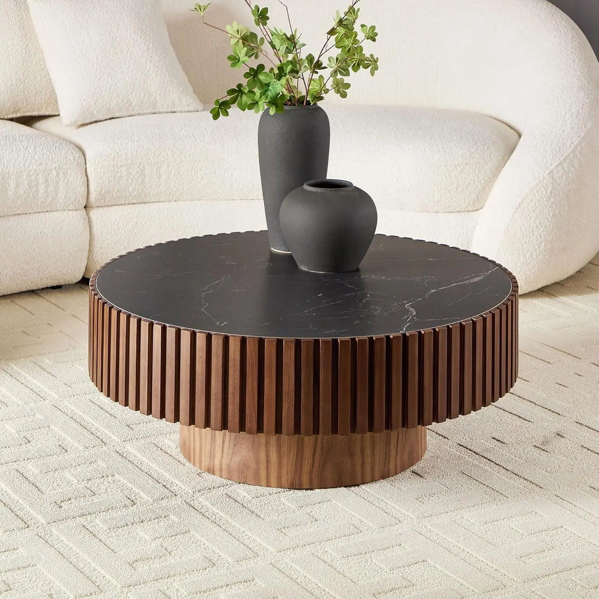 80 cm Modern Round Coffee Table with Sintered Stone Top Wood Veneer Tiered Base Living Room Furniture