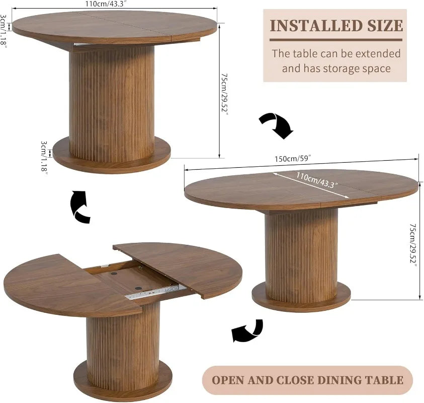 110-150cm Modern Farmhouse Round Dining Table for 4-6 People Adjustable Size
