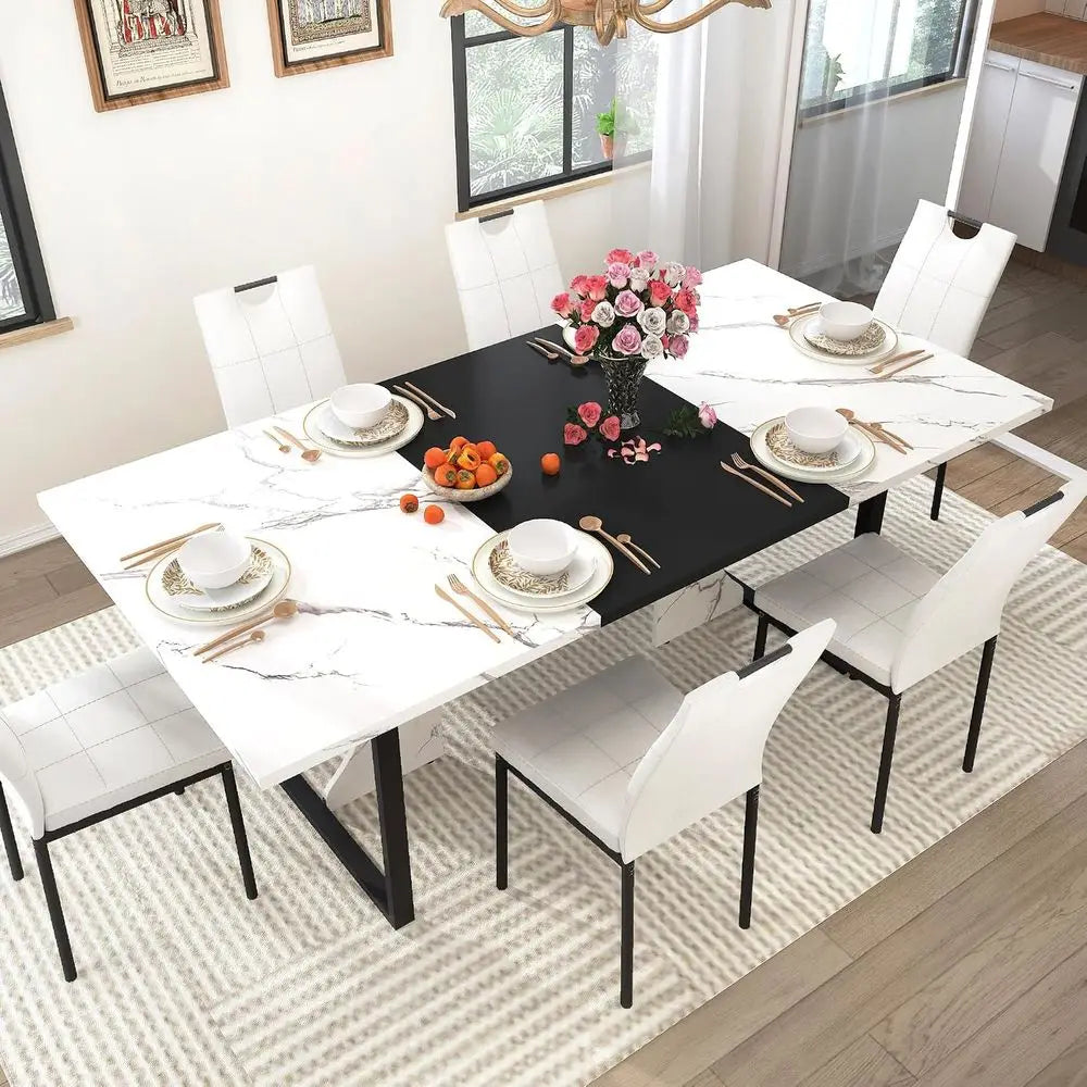 180.3cm Dining Table Set with 6 Upholstered Chairs Wooden Kitchen