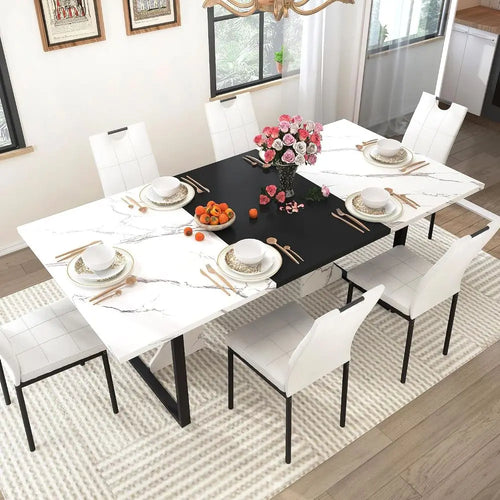 180.3cm Dining Table Set with 6 Upholstered Chairs Wooden Kitchen