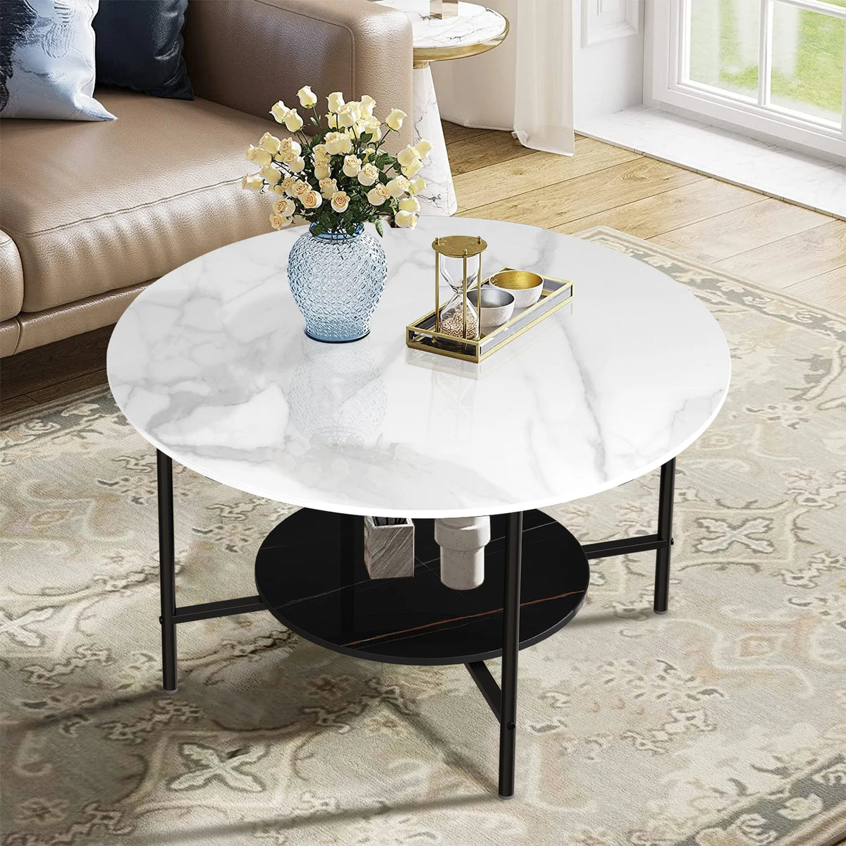 Round 80 cm Marble Coffee Table 2 Tier Sofa Side Nightstand for Living Room