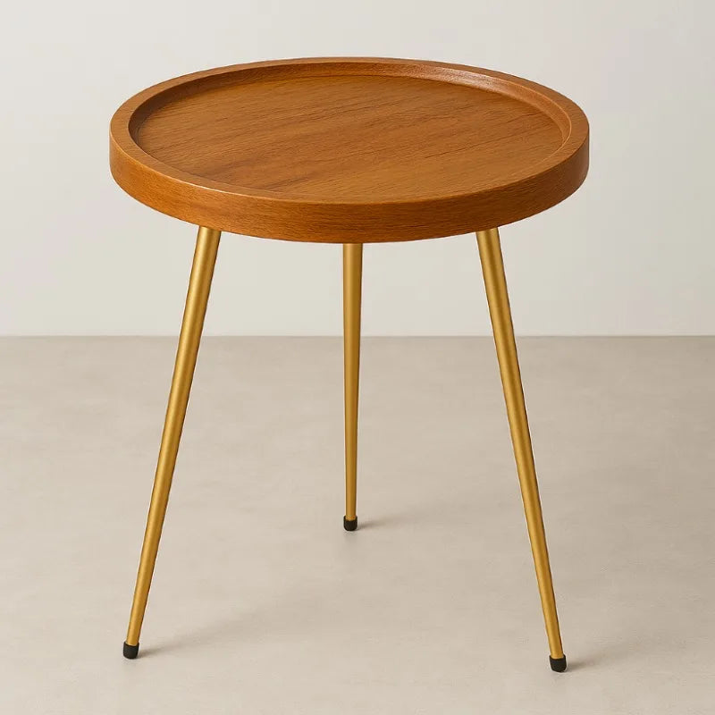 Round Natural Oak Coffee Table with Golden Metal Frame Side End Table
