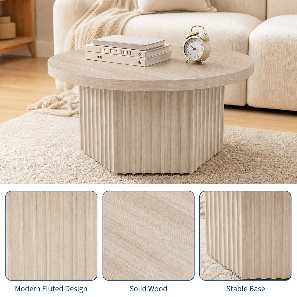 80 cm Round Fluted Drum Coffee Table with MDF Top for Living Room Apartment