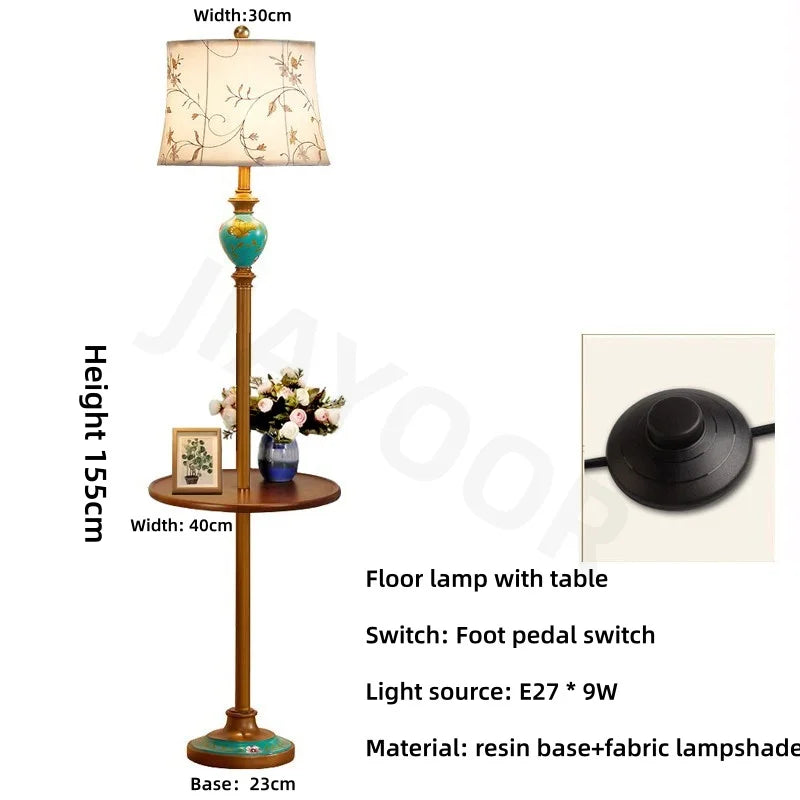 European Luxury Retro Fabric Floor Lamp with Storage Rack LED