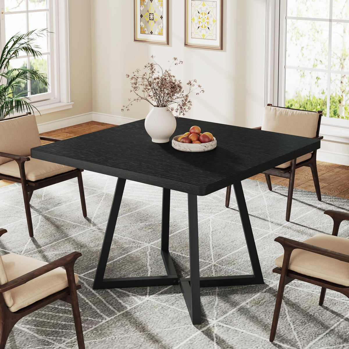 Square Industrial Dining Table with Wooden Top and Metal Base