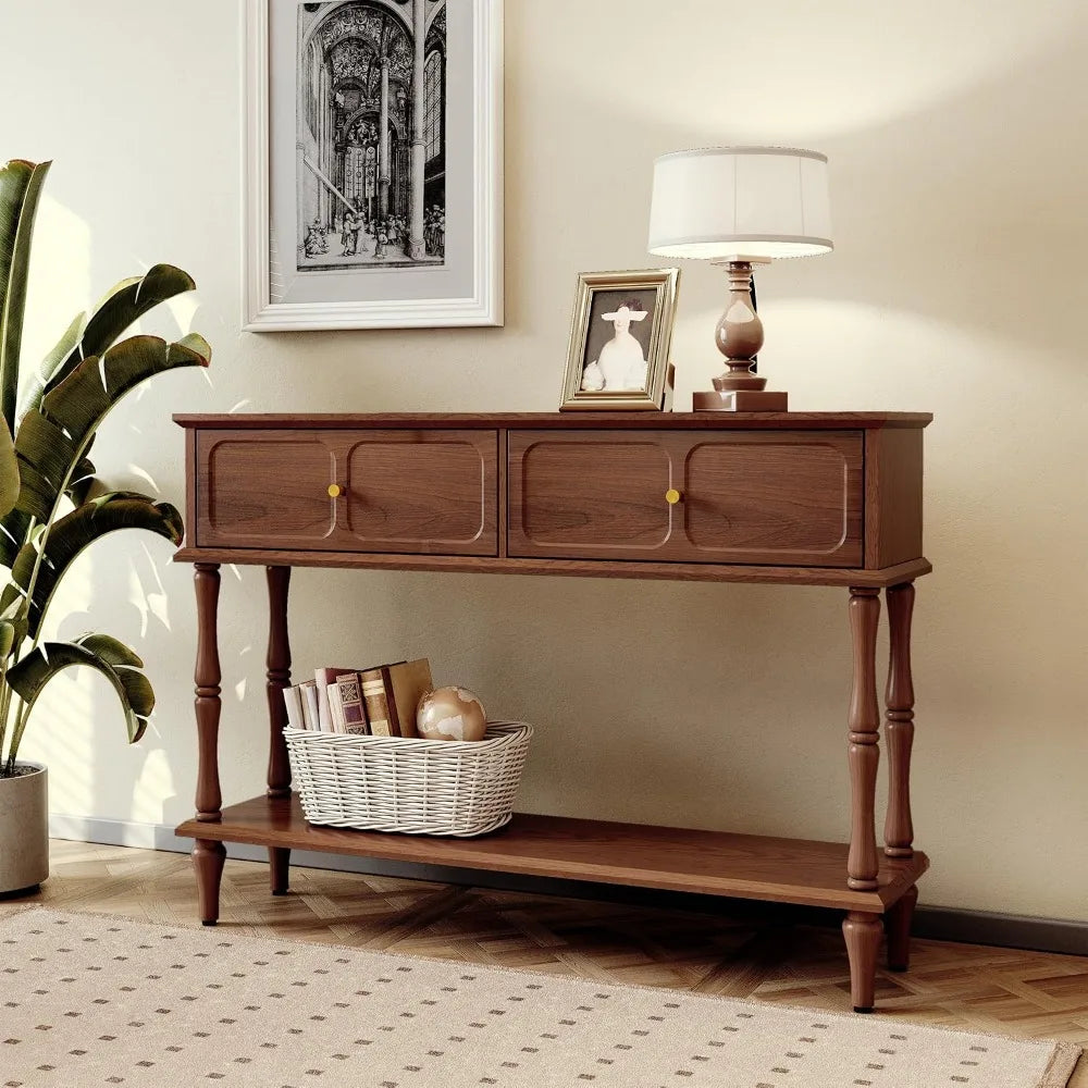 Narrow Mid-Century Wooden Console Table with Drawers and Storage