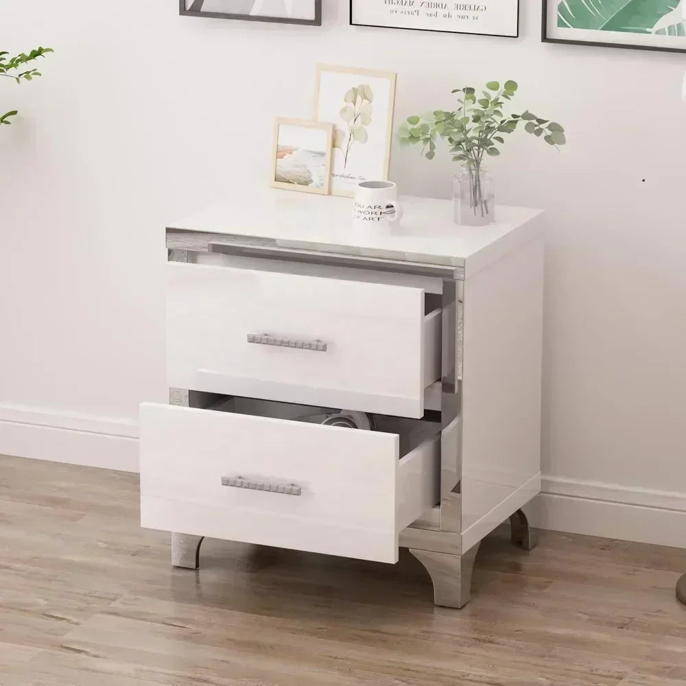 Modern White 2-Drawer High Gloss Nightstand with Metal Legs