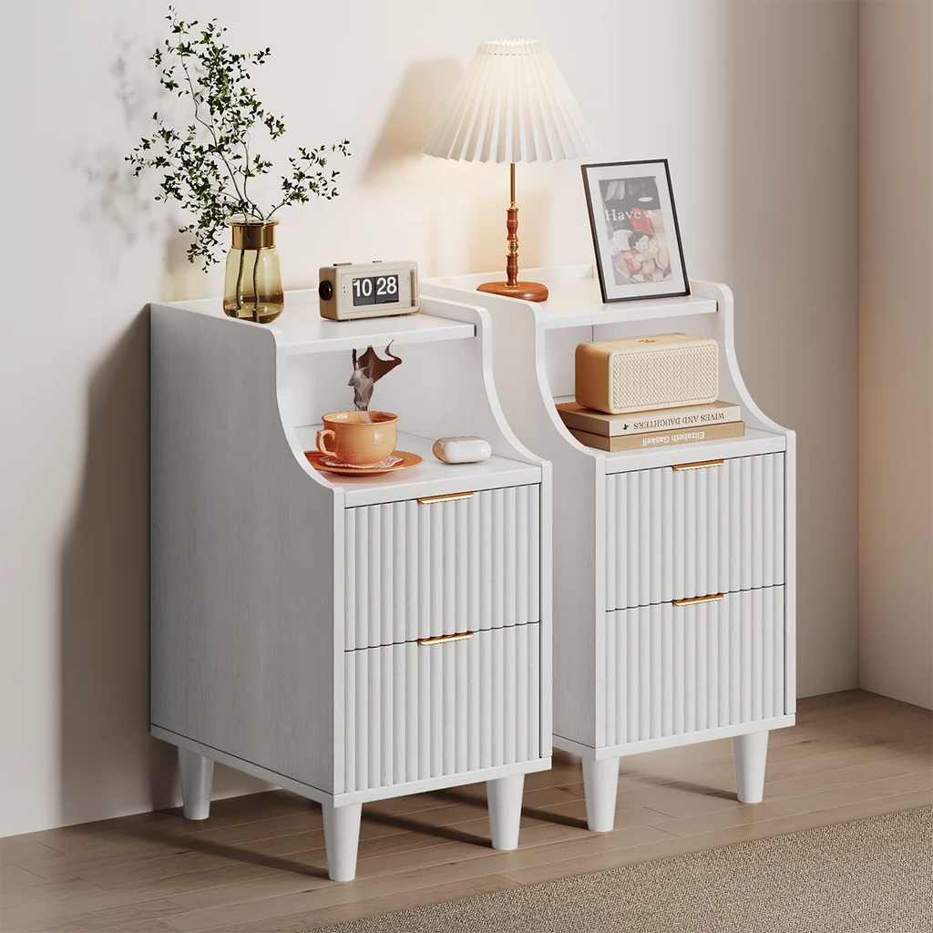 Set of 2 Narrow Nightstand with 2 Drawers and Open Shelf Bedside Table