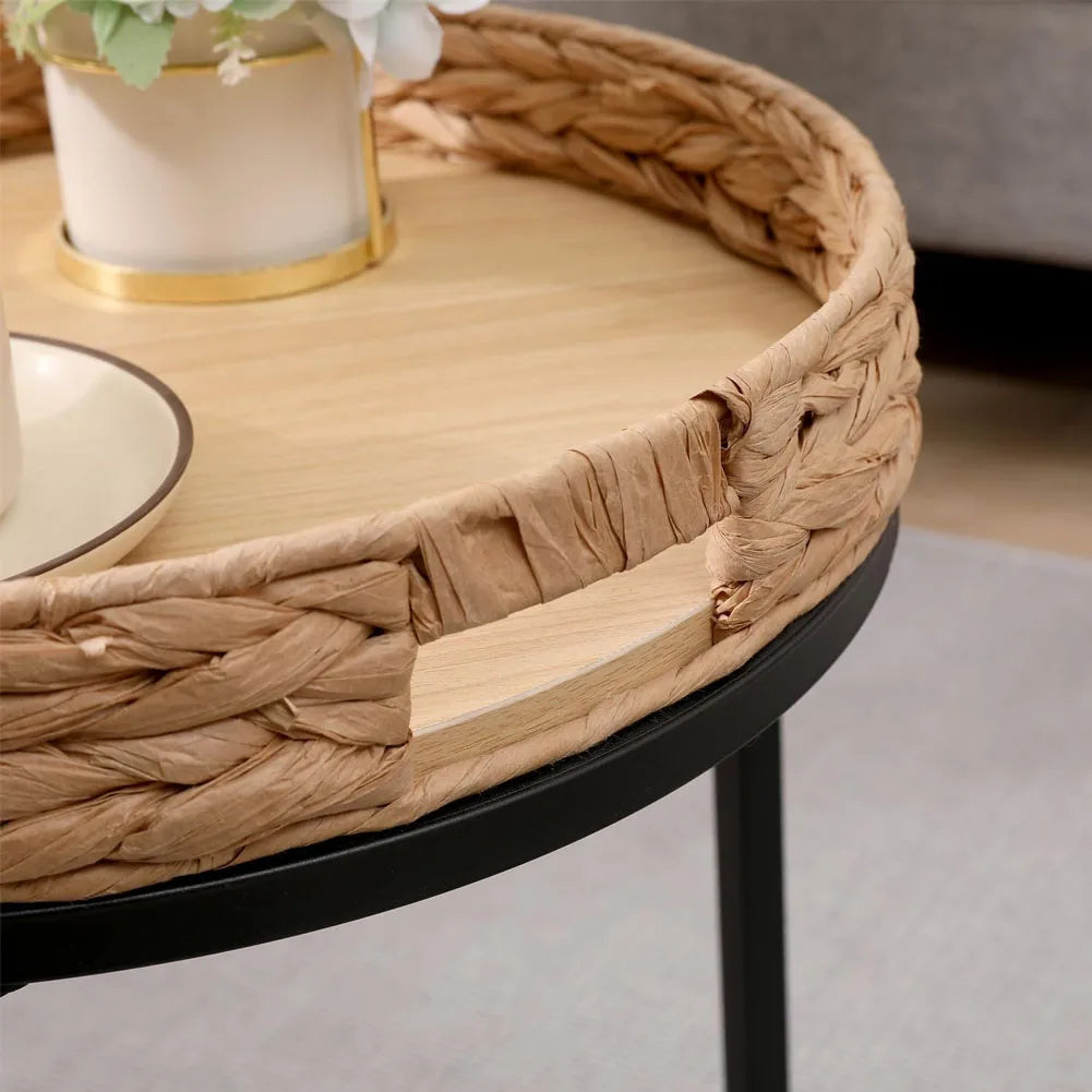 2-Piece Hand-Woven Rattan Nesting Tables Round Side Tables 40x46 cm