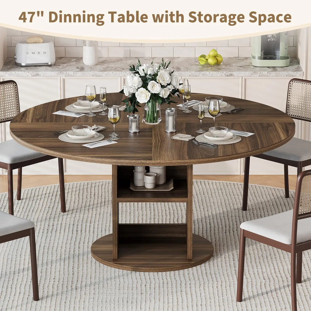 Farmhouse Round Dining Table with Pedestal Base and 2-Tier Storage