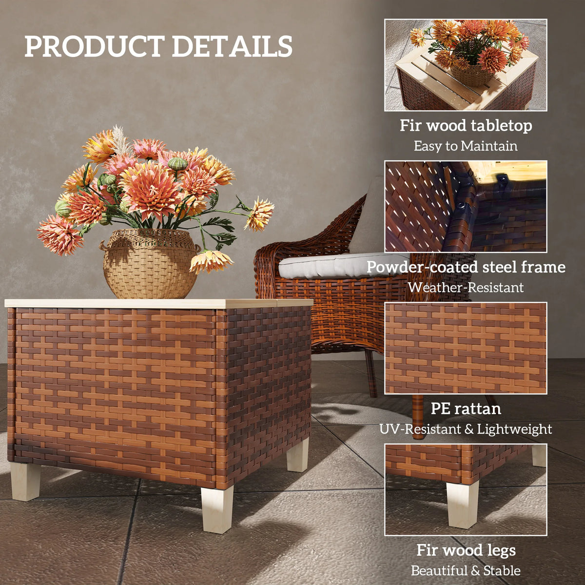 Outdoor PE Rattan Side Table with Wood Top Brown
