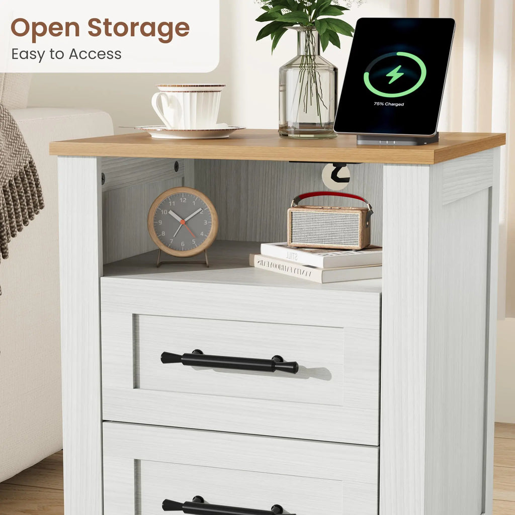Farmhouse Nightstand with Charging Station 2 Drawers and Open Shelf Bedside Table