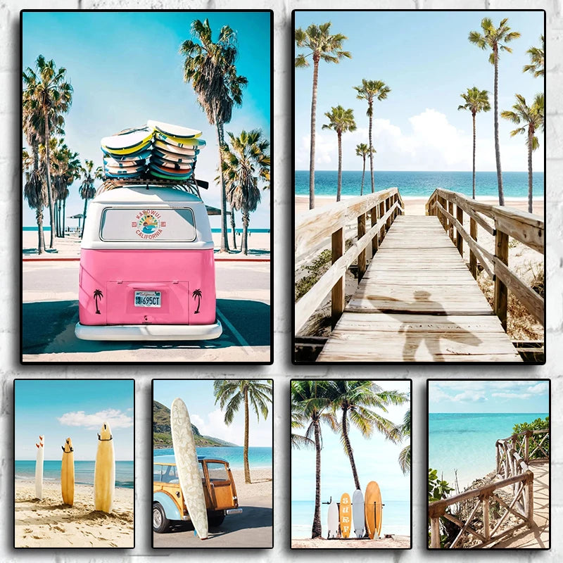 Nordic Summer Beach Surfing Canvas Painting Poster for Home Decor