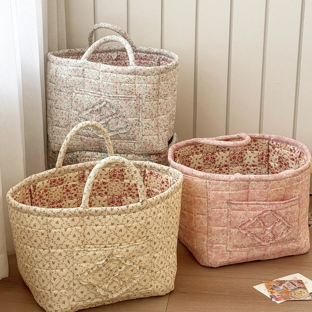 Vintage Floral Quilted Storage Basket With Handle for Home Decor