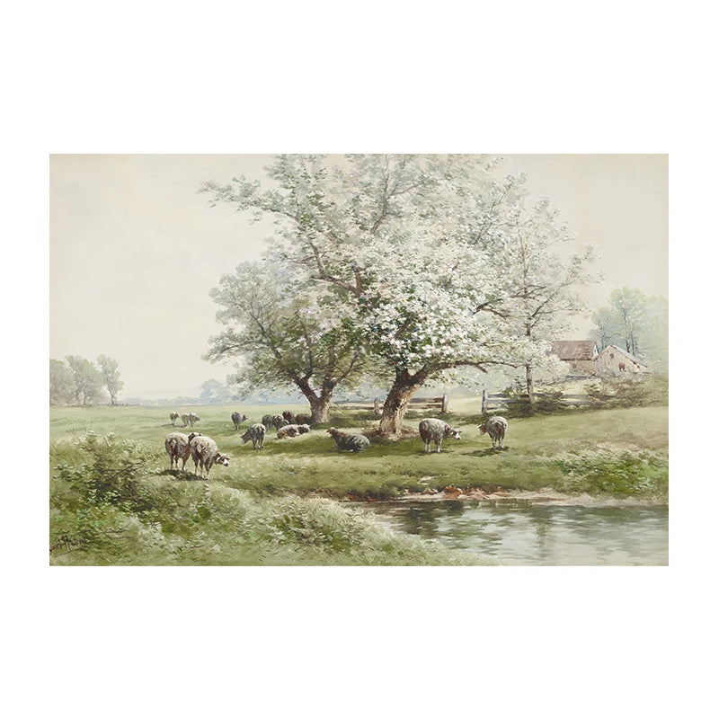 Vintage Sheep Landscape Canvas Painting Poster for Home Decor