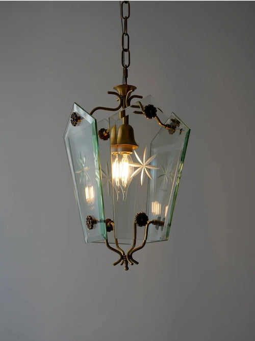 French Vintage Copper Pendant Light Etched Glass Bedroom Dining Room